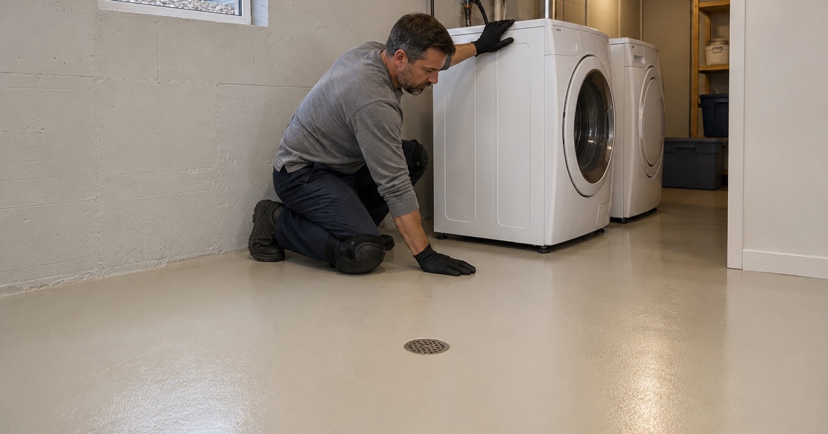 A finished light beige epoxy floor in a Schaumburg basement laundry, the washer being set back in place.