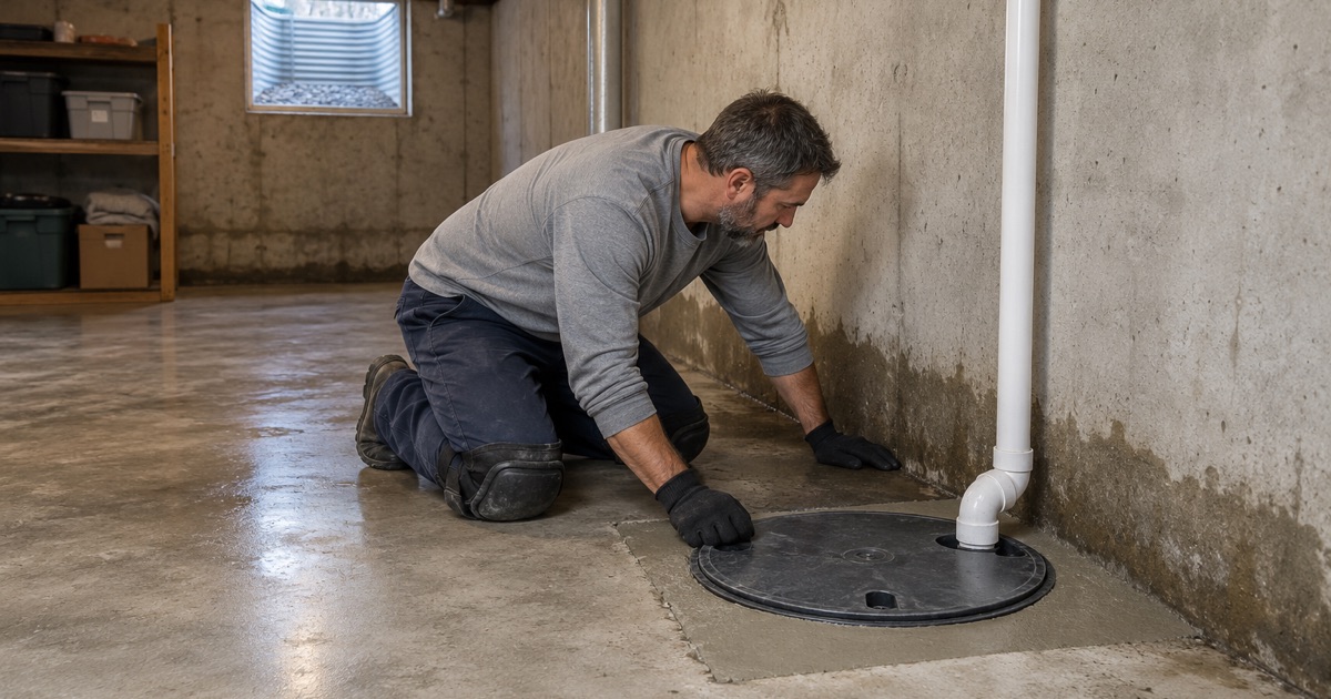 A damp band along the wall joint of a Schaumburg basement slab in spring, beside a newly set sump basin.