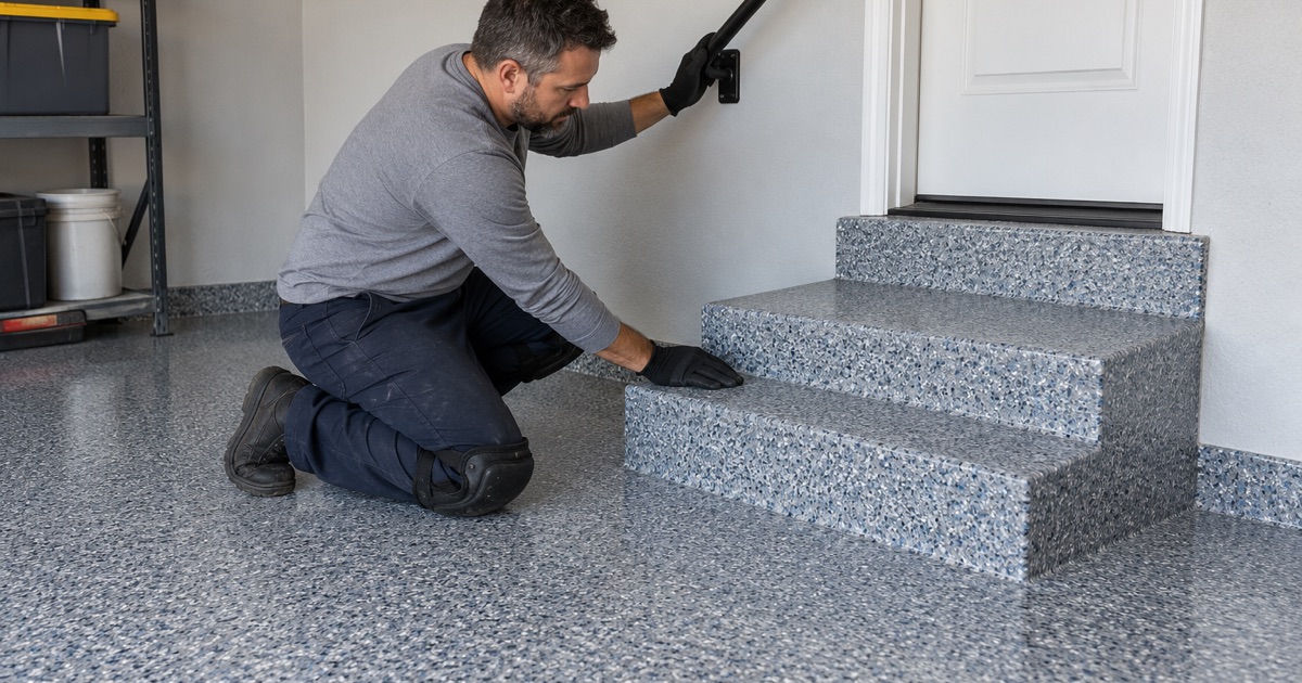 A blue-gray flake floor carried up and over the step to the house door in a Schaumburg garage, the edge finished clean.