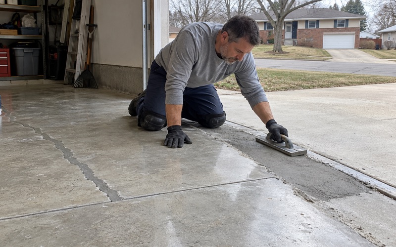 Freeze-thaw spalling at the front of a Schaumburg garage slab, patched and floated flush before coating.