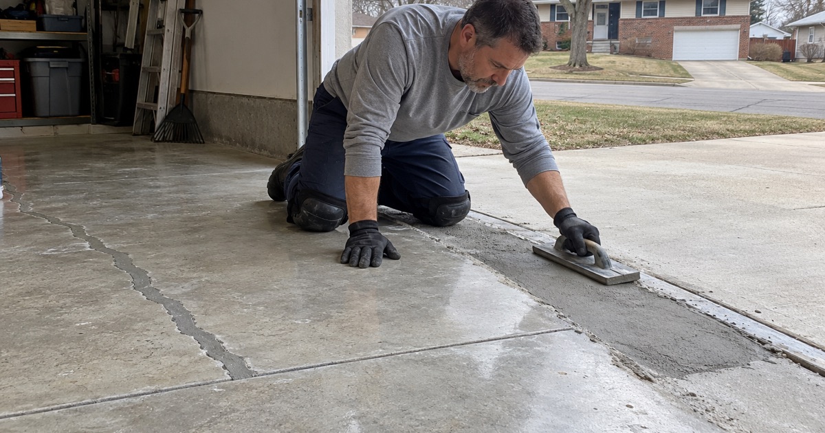 Freeze-thaw spalling at the front of a Schaumburg garage slab, patched and floated flush before coating.