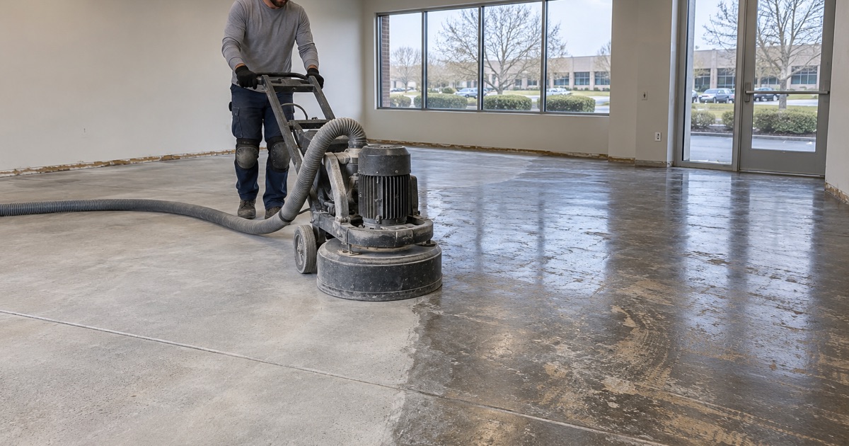 A diamond grinder opening up a Schaumburg office building’s old sealed floor, the ground lane pale beside the old finish.