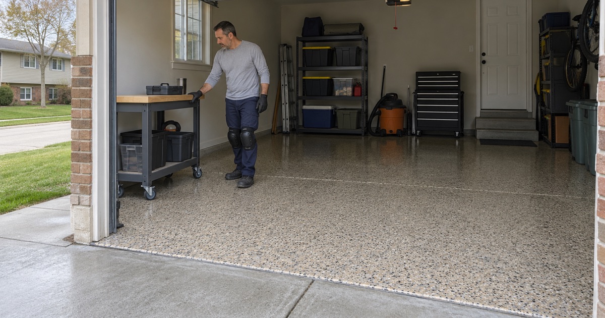 A finished tan and charcoal flake epoxy floor in the attached garage of a Schaumburg split-level, the door raised to the driveway.