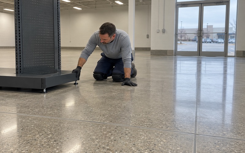 A newly polished concrete sales floor in a Schaumburg big-box store before the fixtures go in.