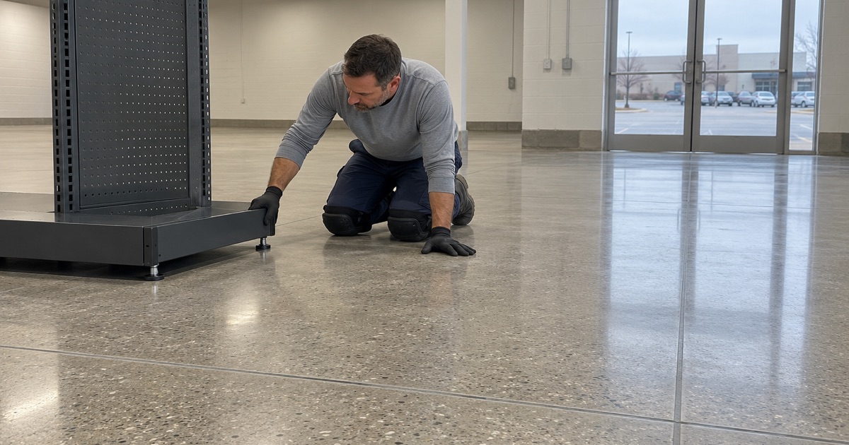 A newly polished concrete sales floor in a Schaumburg big-box store before the fixtures go in.