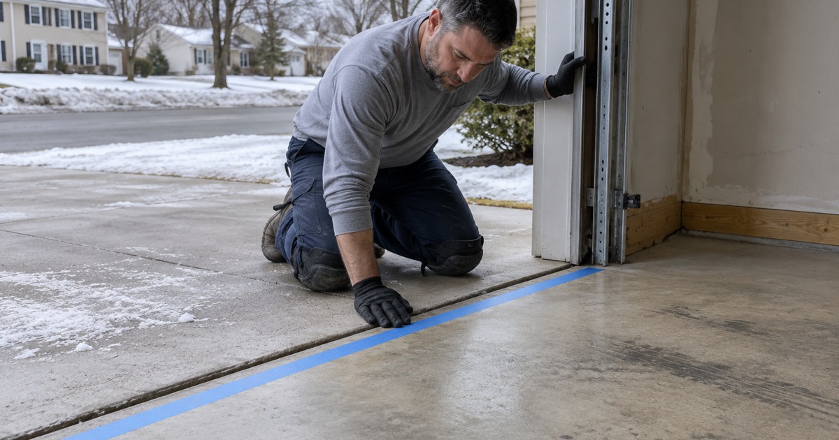 The expansion joint where a Schaumburg garage slab meets its driveway apron, checked before the coating line is set.